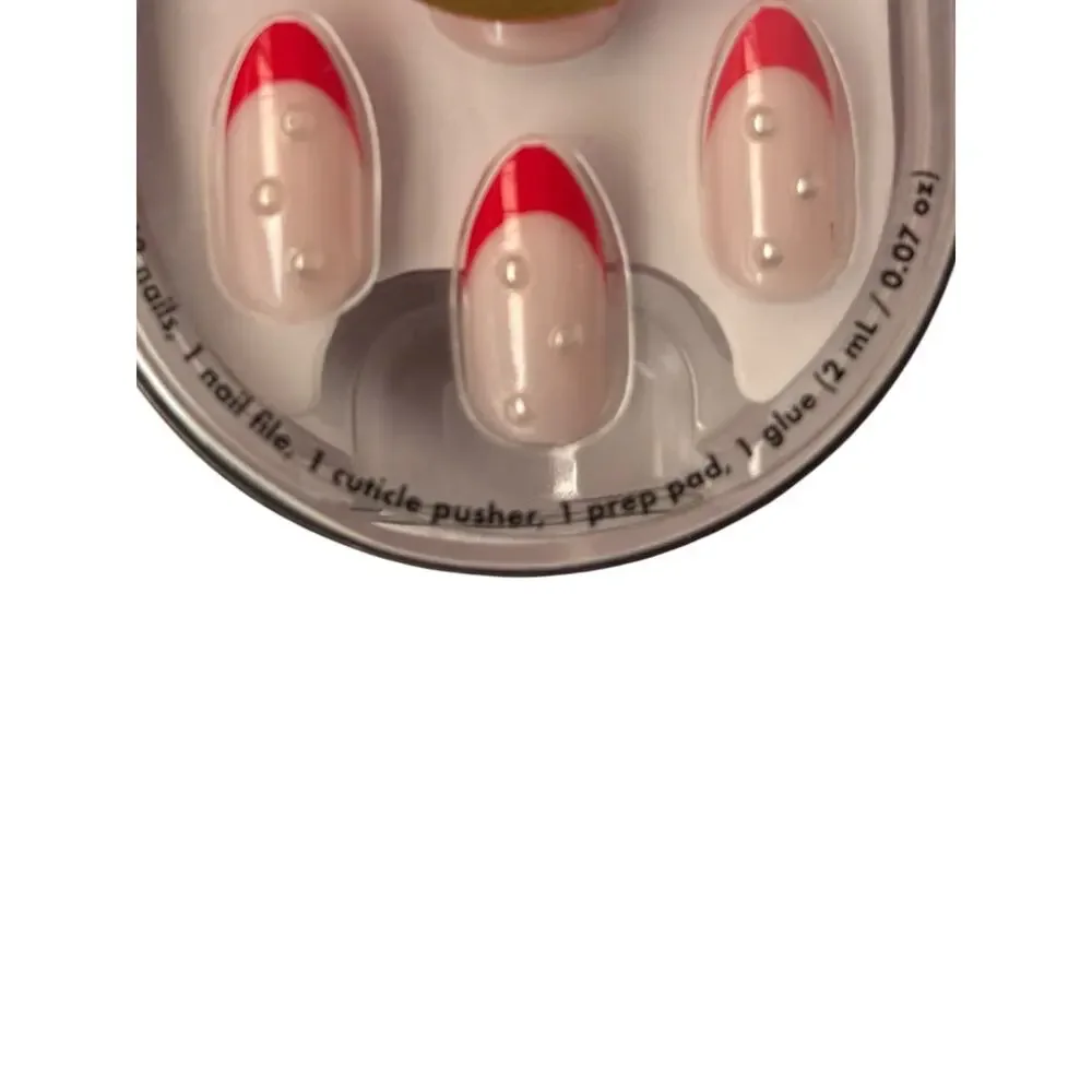 Olive & June‎ Press-on Nails-Maximalist-Ruby French With Pearls-Medium-Almond